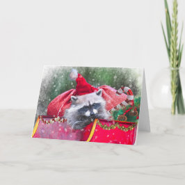 Kerst Raccoon loungen in Santa's Sleigh Feestdagen Kaart