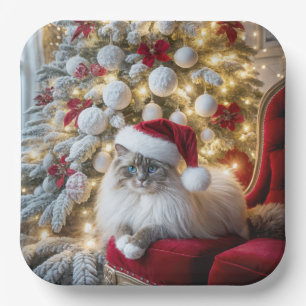 Kerst Ragdoll Cat op rode  stoel Papieren Bordje