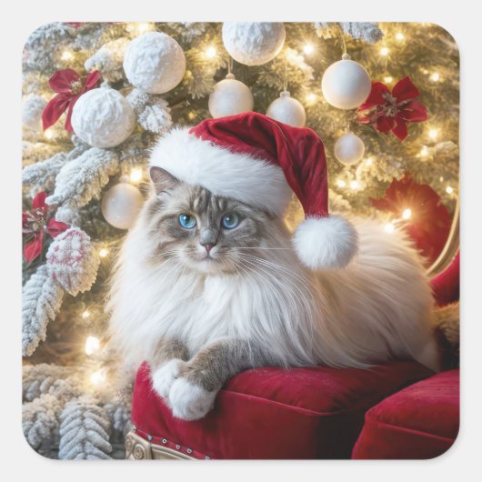 Kerst Ragdoll Cat op rode stoel Vierkante Sticker (Voorkant)