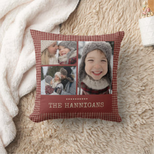 Kerst Red Plaid Familie Fotocollage Kussen