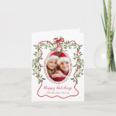 Kerst Red Wavy Lijst Bow Greenery Foto Feestdagen Kaart (Voorkant)