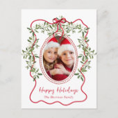 Kerst Red Wavy Lijst Bow Greenery Foto Feestdagenkaart (Voorkant)