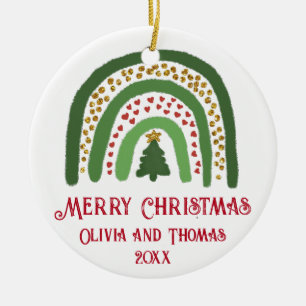 Kerst regenboog glitter rood groen personaliseren keramisch ornament