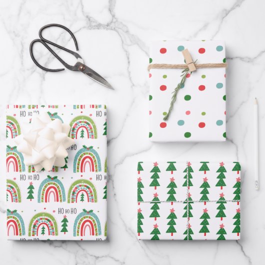 Kerst Regenboog Wrapping Paper Set Trees, Stippen (Voorkant)
