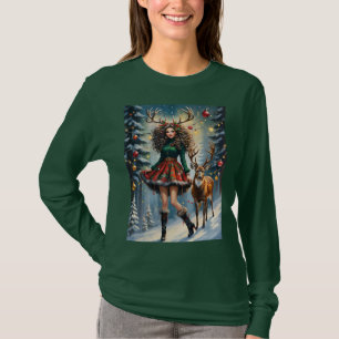 Kerst Reindeer Meisje Met Geweiën Besneeuwde Nacht T-shirt