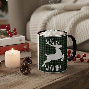 Kerst Rendier Groen & Zwart Geplaagd Custom Name Mok