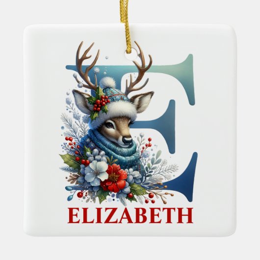 Kerst Rendier Monogram Letter E Aangepaste naam Keramisch Ornament (Voorkant)