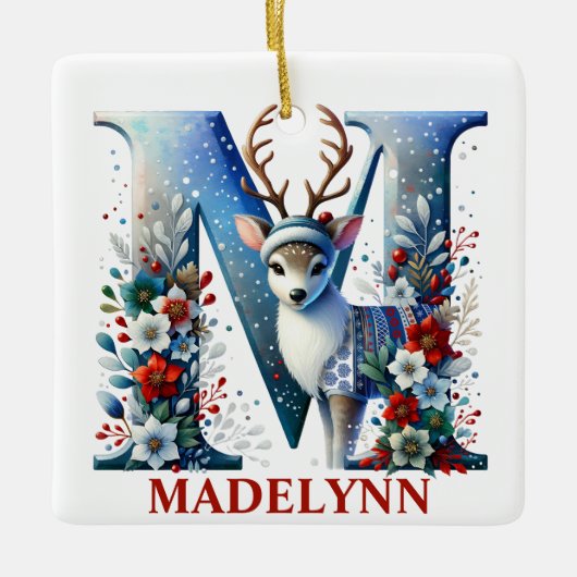Kerst Rendier Monogram Letter M Aangepaste naam Keramisch Ornament (Voorkant)