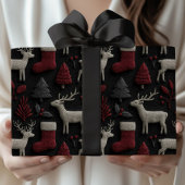 Kerst Rendieren & Kousen in Rood en Grijs Cadeaupapier