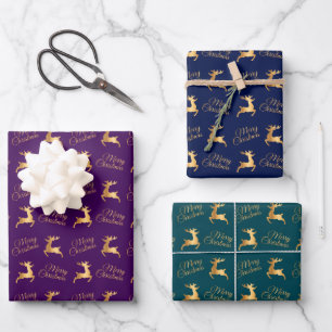 Kerst Rendieren op Paars, Navy en Teal Inpakpapier Vel