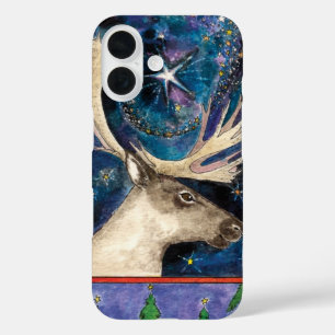 Kerst Rendieren 's Nachts met een Lichtende Ster iPhone 16 Hoesje