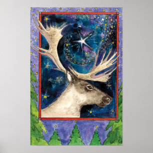 Kerst Rendieren 's Nachts met een Lichtende Ster Poster