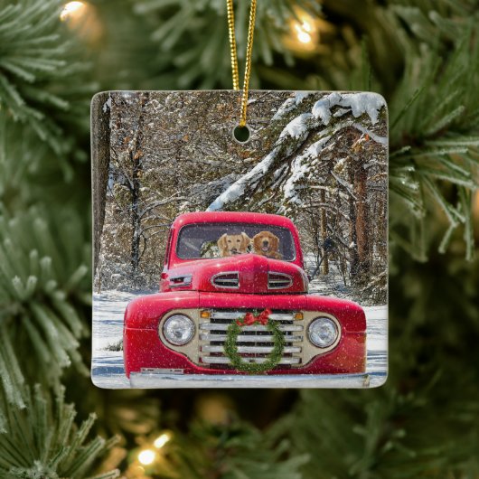 Kerst retrievers in retro vrachtwagen keramisch ornament (Boom)