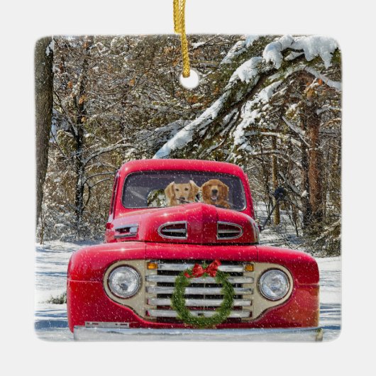 Kerst retrievers in retro vrachtwagen keramisch ornament (Voorkant)