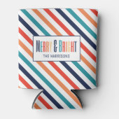Kerst Retro Kleurrijke Strepen Merry & Bright Blikjeskoeler (Voorkant)