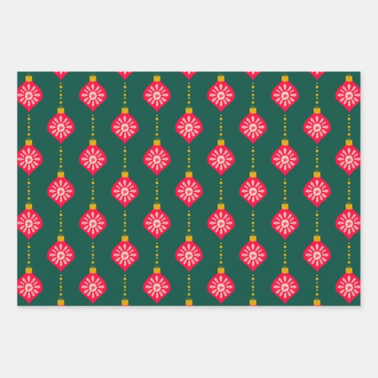Kerst Retro Ornamenten Roze Rood en Groen Inpakpapier Vel (Voorkant 2)