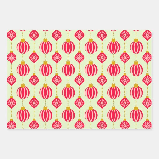 Kerst Retro Ornamenten Roze Rood en Groen Inpakpapier Vel (Voorkant)
