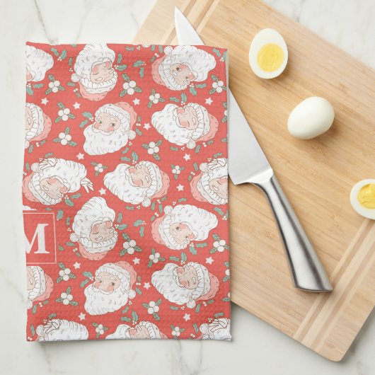 Kerst Retro Santa Claus Holly Custom Theedoek (Quarter Fold)