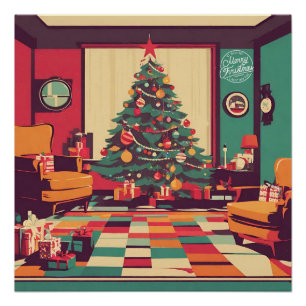 Kerst Retro woonkamer met kerstboom Perfect Poster