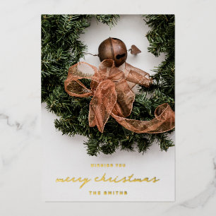 Kerst Ribbon Bel Kranz Elegant Foto Folie Feestdagenkaart