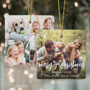 Kerst Ribbon & Strik Moderne Fotocollage Keramisch Ornament