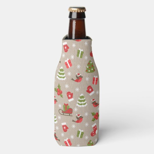 Kerst Robin, boom, hulst en kous Flesjeskoeler (Fles Voorkant)