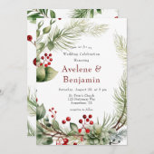 Kerst rode bessen dennenkrans bruiloft kaart (Voorkant / Achterkant)