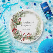 Kerst Rode Bessen Dennennaalden Krans Bruiloft Papieren Bordje (Feest)