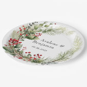 Kerst Rode Bessen Dennennaalden Krans Bruiloft Papieren Bordje (Gekanteld)