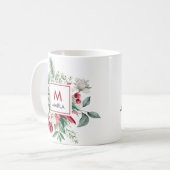 Kerst rode bessen groen boeket monogram koffiemok (Voorkant links)