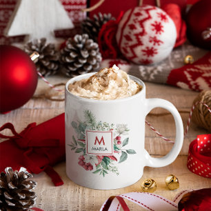 Kerst rode bessen groen boeket monogram koffiemok
