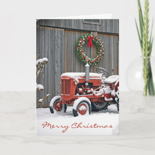 Kerst Rode Boerderij Tractor In De Sneeuw Kaart