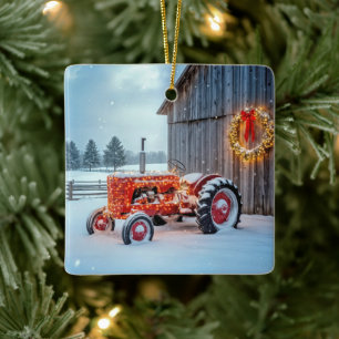 Kerst Rode Boerderij Tractor In Sneeuw Keramisch Ornament