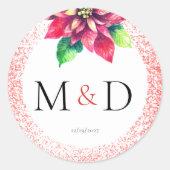 Kerst Rode Glitter Poinsettia Initialen bruiloft Ronde Sticker (Voorkant)