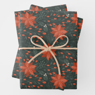 Kerst  Rode Groene Bessen Poinsettia Inpakpapier Vel