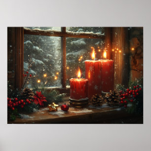 Kerst Rode Kaarsen Winter Landschap Raam Poster