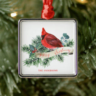 Kerst Rode Kardinaal Pine Berry Naam Metalen Ornament