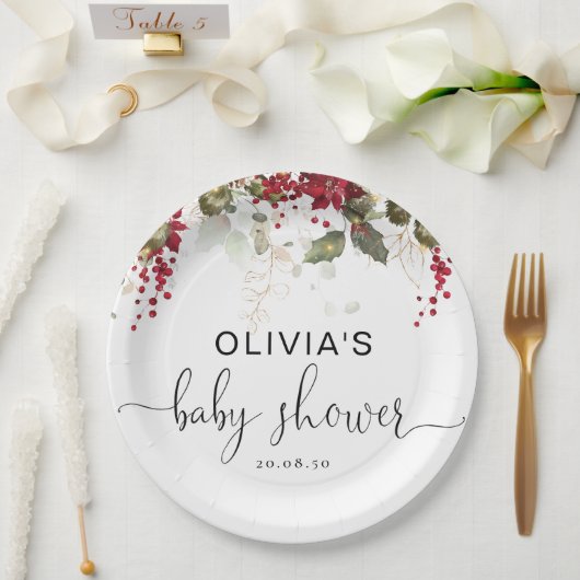 Kerst Rode Poinsettia Baby shower Papier Bord (Huwelijk)