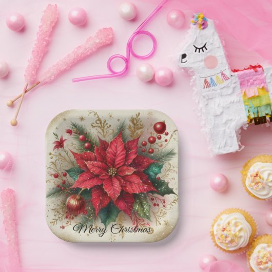 Kerst Rode Poinsettia Gouden Glitter Papier Bord (Feest)