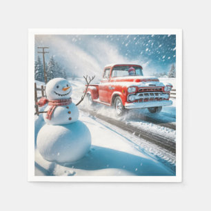 Kerst Rode Retro Truck Met Sneeuwman Servet