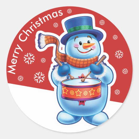 Kerst rode ronde sticker Snowman drummer. (Voorkant)