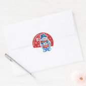 Kerst rode ronde sticker Snowman drummer. (Envelop)