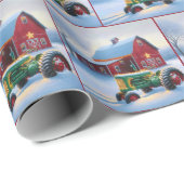 Kerst rode schuur met groene tractor cadeaupapier (Rol Hoek)