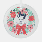 Kerst Rode strik Krans Blauwe vreugde Glas Ornament (Voorkant)