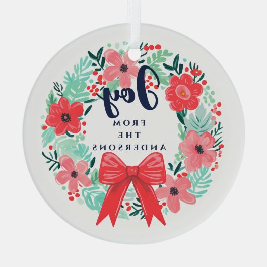 Kerst Rode strik Krans Blauwe vreugde Glas Ornament (Achterkant)