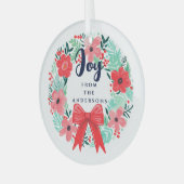 Kerst Rode strik Krans Blauwe vreugde Glas Ornament (Voorkant links)