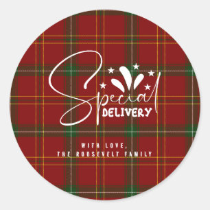 Kerst Rode Tartan Kerstruit Ronde Sticker