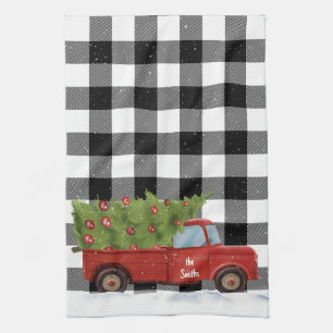 Kerst Rode Truck Op Plaid Theedoek
