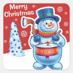 Kerst rode vierkant sticker Snowman drummer.