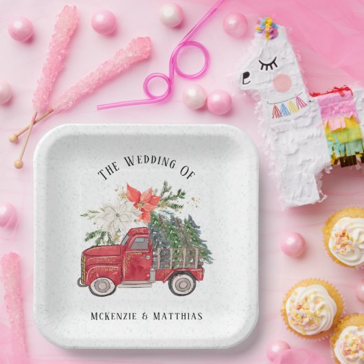 Kerst Rode Vrachtwagen en Bomen Bruiloft Papieren Bordje (Feest)